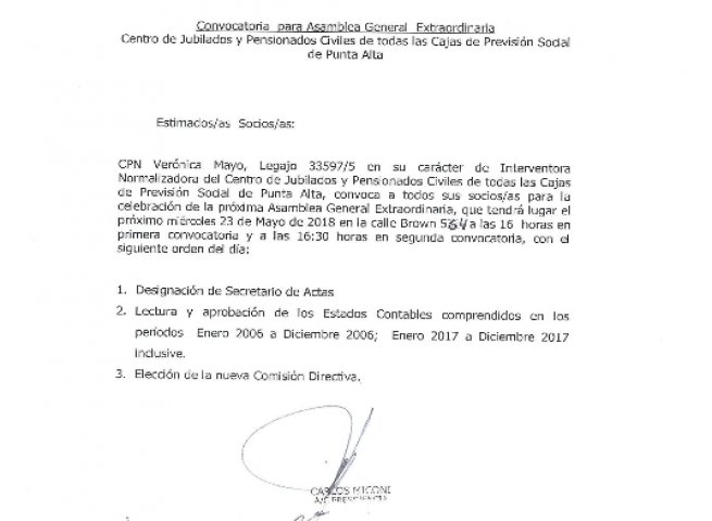 Convocatoria para Asamblea General Extraordinaria Convocatoria para Asamblea General Extraordinaria
