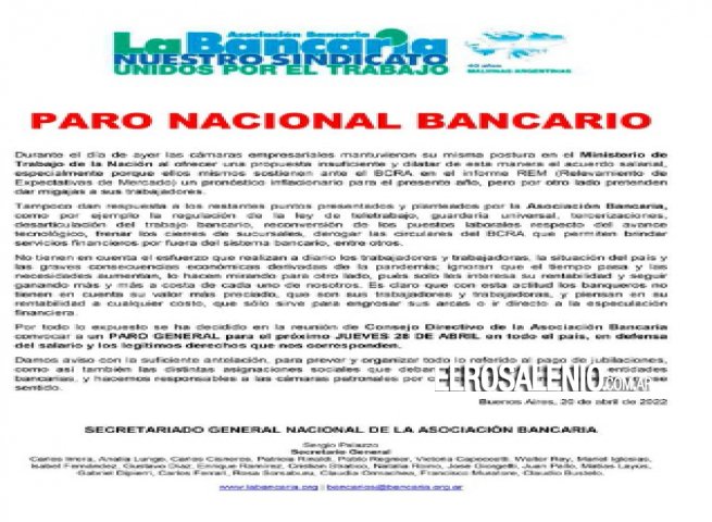 La Bancaria convocó a un paro nacional para el 28 de abril