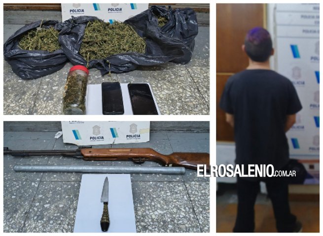 Aprehendido por pelea en la plaza y le secuestraron arma blanca, aire comprimido y 1kg de marihuana
