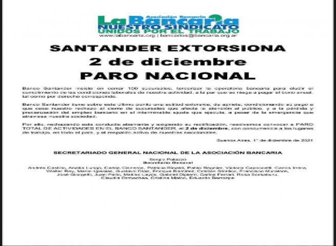 La Bancaria realiza un paro nacional en todas las sucursales del Banco Santander