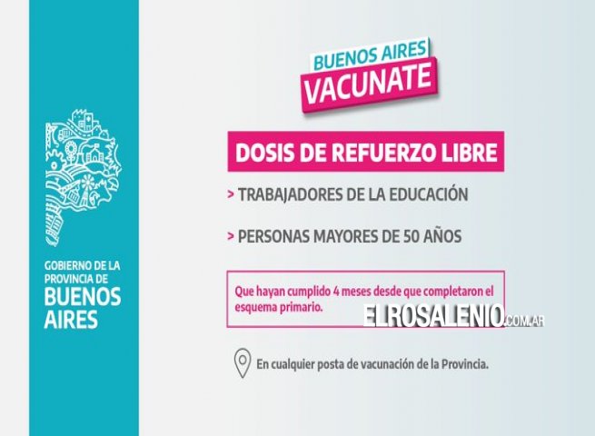 Dosis refuerzo: vacunación libre para personal de educación y mayores de 50 años